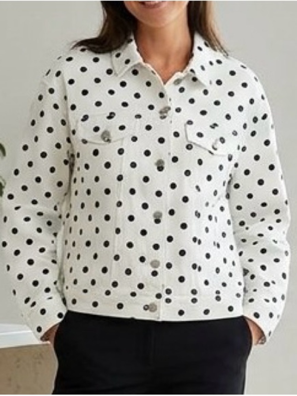 Multiples White Black Polka Dot Denim Style Jacket M Stretch Cotton Button Up